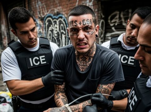 Law enforcement officers arresting a man with tattoos in an urban environment