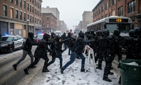 A chaotic scene of a protest with police and demonstrators in a snowy urban setting