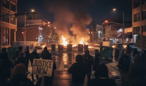 Protesters marching in a street with signs, flames visible in the background