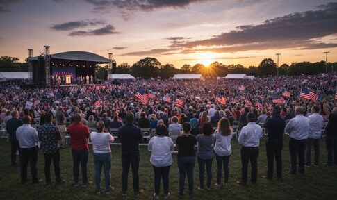 Large crowd at a political rally during sunset