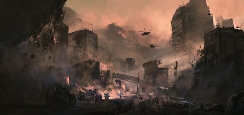 A post-apocalyptic urban landscape with destroyed buildings and helicopters overhead