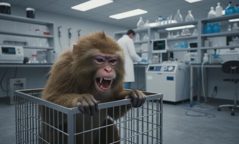 A monkey in a cage in a laboratory setting, appearing agitated