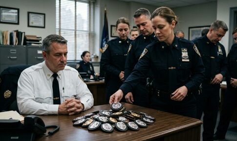Police officers gathered around a table with badges during a meeting