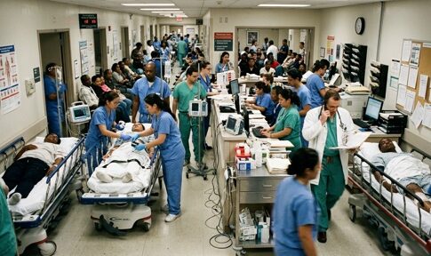 Busy hospital emergency room with medical staff attending to patients